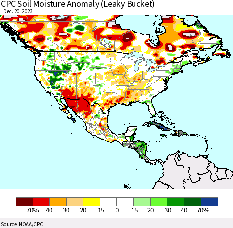 North America CPC Soil Moisture Anomaly (Leaky Bucket) Thematic Map For 12/16/2023 - 12/20/2023