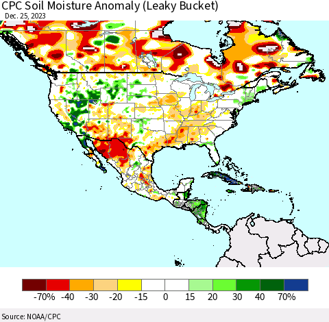 North America CPC Soil Moisture Anomaly (Leaky Bucket) Thematic Map For 12/21/2023 - 12/25/2023
