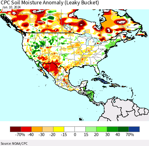 North America CPC Soil Moisture Anomaly (Leaky Bucket) Thematic Map For 1/6/2024 - 1/10/2024