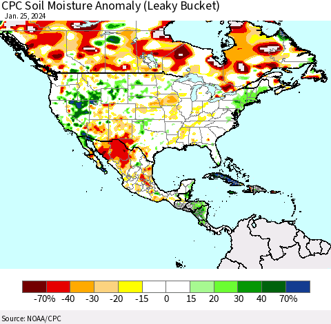 North America CPC Soil Moisture Anomaly (Leaky Bucket) Thematic Map For 1/21/2024 - 1/25/2024
