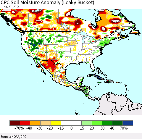 North America CPC Soil Moisture Anomaly (Leaky Bucket) Thematic Map For 1/26/2024 - 1/31/2024