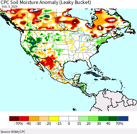 North America CPC Soil Moisture Anomaly (Leaky Bucket) Thematic Map For 2/1/2024 - 2/5/2024