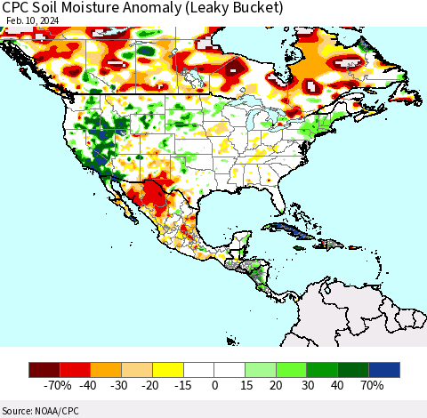 North America CPC Soil Moisture Anomaly (Leaky Bucket) Thematic Map For 2/6/2024 - 2/10/2024