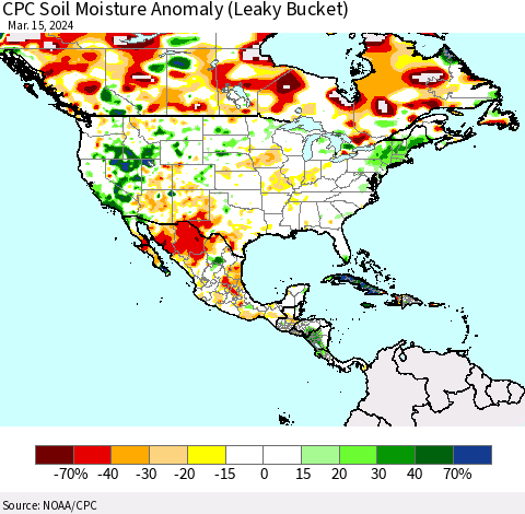 North America CPC Soil Moisture Anomaly (Leaky Bucket) Thematic Map For 3/11/2024 - 3/15/2024