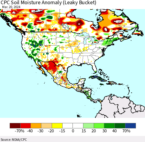 North America CPC Soil Moisture Anomaly (Leaky Bucket) Thematic Map For 3/16/2024 - 3/20/2024
