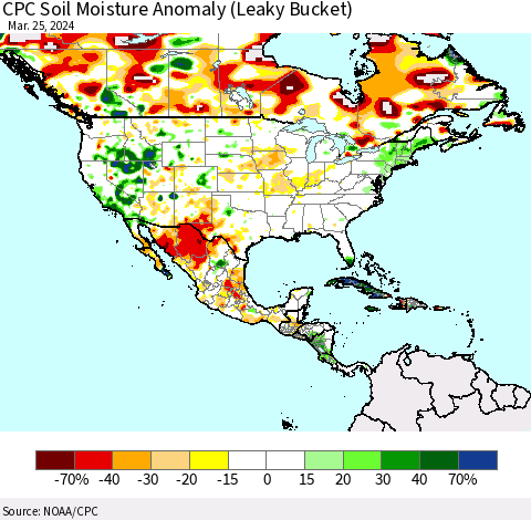 North America CPC Soil Moisture Anomaly (Leaky Bucket) Thematic Map For 3/21/2024 - 3/25/2024