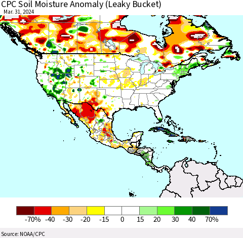 North America CPC Soil Moisture Anomaly (Leaky Bucket) Thematic Map For 3/26/2024 - 3/31/2024