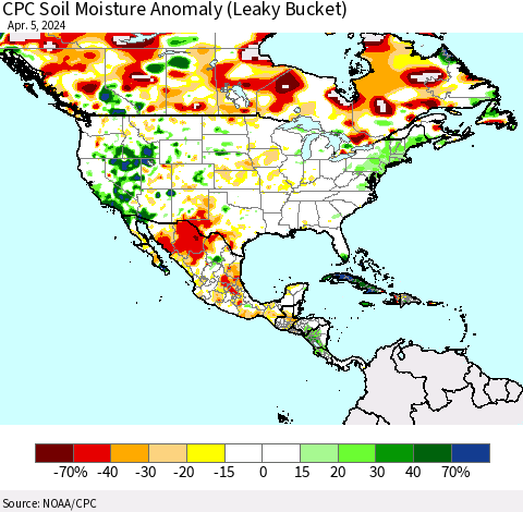 North America CPC Soil Moisture Anomaly (Leaky Bucket) Thematic Map For 4/1/2024 - 4/5/2024