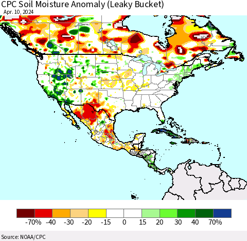 North America CPC Soil Moisture Anomaly (Leaky Bucket) Thematic Map For 4/6/2024 - 4/10/2024