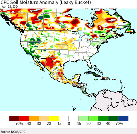 North America CPC Soil Moisture Anomaly (Leaky Bucket) Thematic Map For 4/11/2024 - 4/15/2024