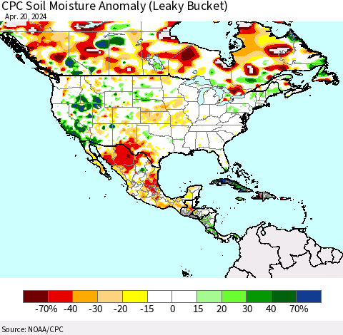 North America CPC Soil Moisture Anomaly (Leaky Bucket) Thematic Map For 4/16/2024 - 4/20/2024