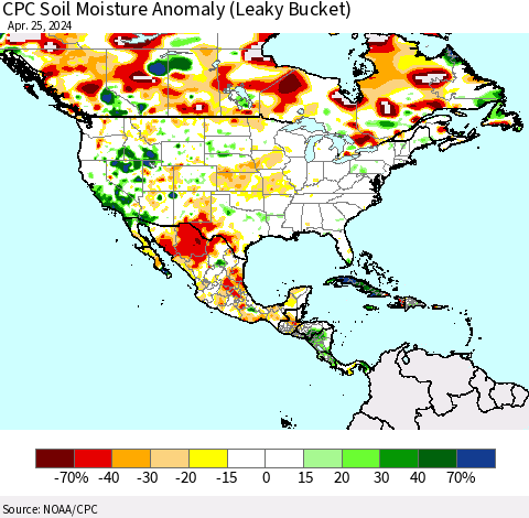 North America CPC Soil Moisture Anomaly (Leaky Bucket) Thematic Map For 4/21/2024 - 4/25/2024