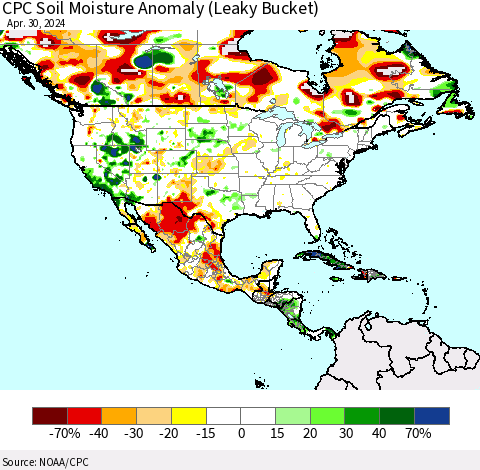 North America CPC Soil Moisture Anomaly (Leaky Bucket) Thematic Map For 4/26/2024 - 4/30/2024