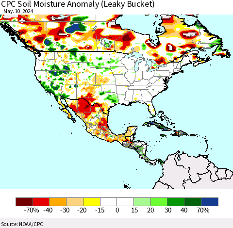 North America CPC Soil Moisture Anomaly (Leaky Bucket) Thematic Map For 5/6/2024 - 5/10/2024