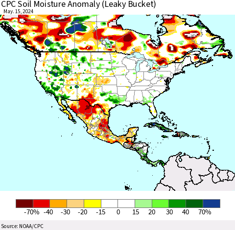 North America CPC Soil Moisture Anomaly (Leaky Bucket) Thematic Map For 5/11/2024 - 5/15/2024