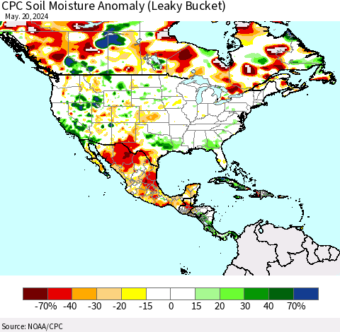 North America CPC Soil Moisture Anomaly (Leaky Bucket) Thematic Map For 5/16/2024 - 5/20/2024