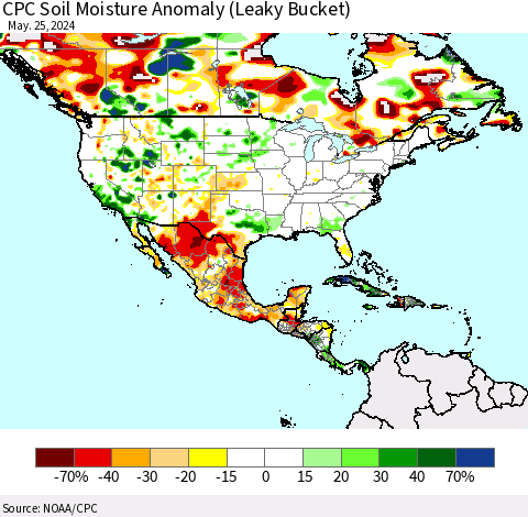 North America CPC Soil Moisture Anomaly (Leaky Bucket) Thematic Map For 5/21/2024 - 5/25/2024