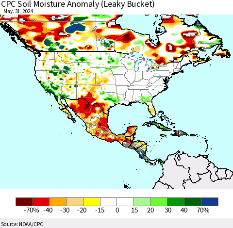 North America CPC Soil Moisture Anomaly (Leaky Bucket) Thematic Map For 5/26/2024 - 5/31/2024