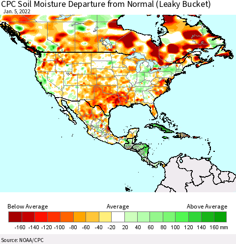 North America CPC Soil Moisture Departure from Normal (Leaky Bucket) Thematic Map For 1/1/2022 - 1/5/2022