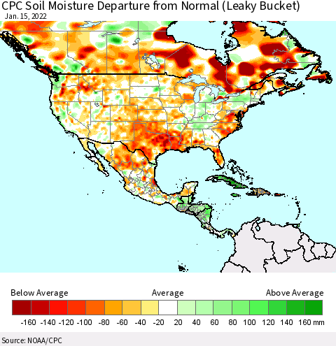 North America CPC Soil Moisture Departure from Normal (Leaky Bucket) Thematic Map For 1/11/2022 - 1/15/2022