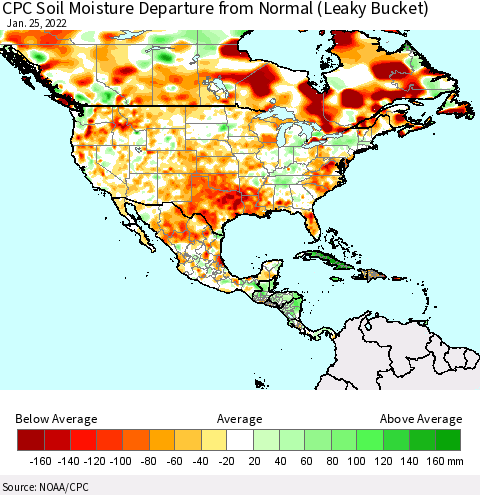 North America CPC Soil Moisture Departure from Normal (Leaky Bucket) Thematic Map For 1/21/2022 - 1/25/2022