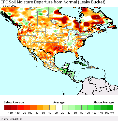 North America CPC Soil Moisture Departure from Normal (Leaky Bucket) Thematic Map For 2/11/2022 - 2/15/2022