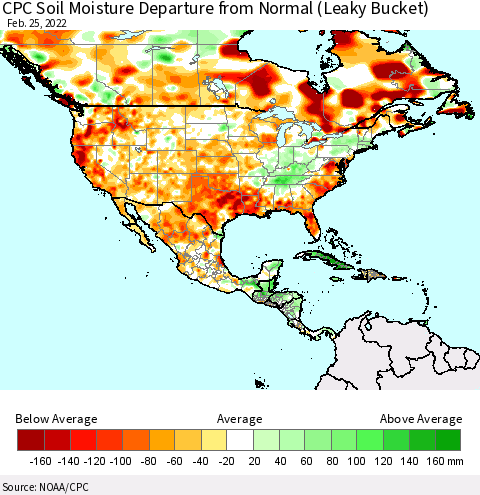 North America CPC Soil Moisture Departure from Normal (Leaky Bucket) Thematic Map For 2/21/2022 - 2/25/2022