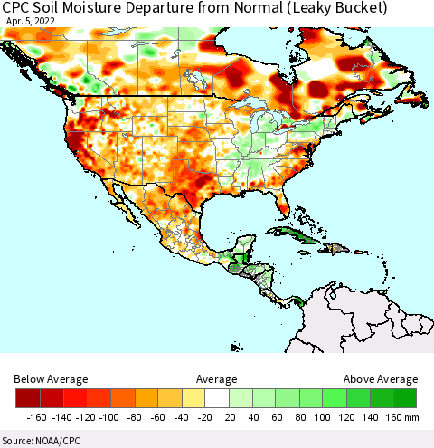 North America CPC Soil Moisture Departure from Normal (Leaky Bucket) Thematic Map For 4/1/2022 - 4/5/2022