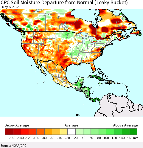 North America CPC Soil Moisture Departure from Normal (Leaky Bucket) Thematic Map For 5/1/2022 - 5/5/2022