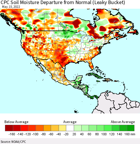 North America CPC Soil Moisture Departure from Normal (Leaky Bucket) Thematic Map For 5/11/2022 - 5/15/2022