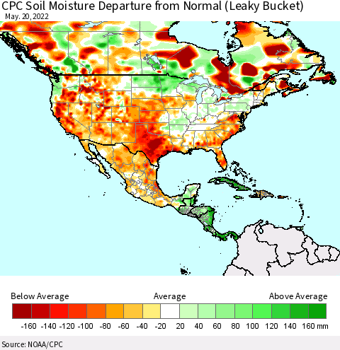 North America CPC Soil Moisture Departure from Normal (Leaky Bucket) Thematic Map For 5/16/2022 - 5/20/2022