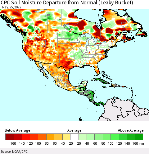 North America CPC Soil Moisture Departure from Normal (Leaky Bucket) Thematic Map For 5/21/2022 - 5/25/2022