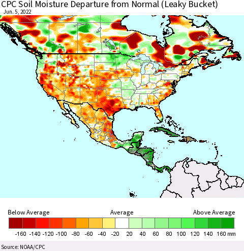 North America CPC Soil Moisture Departure from Normal (Leaky Bucket) Thematic Map For 6/1/2022 - 6/5/2022