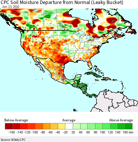 North America CPC Soil Moisture Departure from Normal (Leaky Bucket) Thematic Map For 6/11/2022 - 6/15/2022