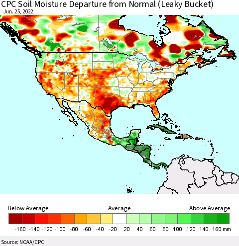 North America CPC Soil Moisture Departure from Normal (Leaky Bucket) Thematic Map For 6/21/2022 - 6/25/2022