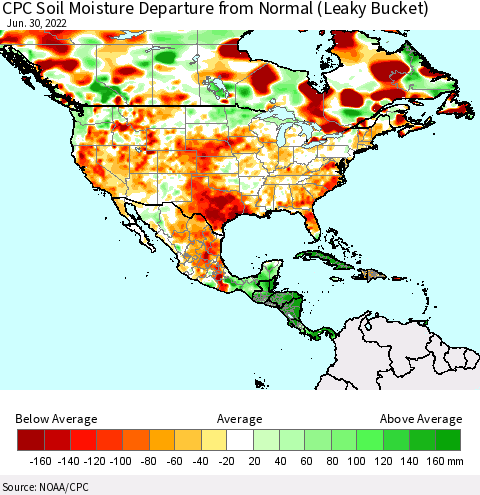 North America CPC Soil Moisture Departure from Normal (Leaky Bucket) Thematic Map For 6/26/2022 - 6/30/2022