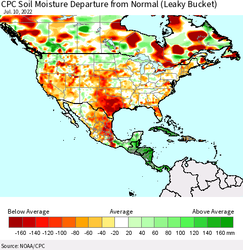 North America CPC Soil Moisture Departure from Normal (Leaky Bucket) Thematic Map For 7/6/2022 - 7/10/2022