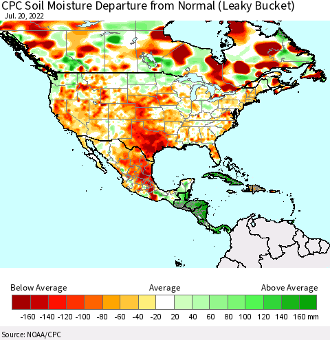 North America CPC Soil Moisture Departure from Normal (Leaky Bucket) Thematic Map For 7/16/2022 - 7/20/2022