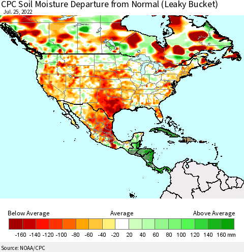 North America CPC Soil Moisture Departure from Normal (Leaky Bucket) Thematic Map For 7/21/2022 - 7/25/2022