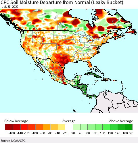 North America CPC Soil Moisture Departure from Normal (Leaky Bucket) Thematic Map For 7/26/2022 - 7/31/2022