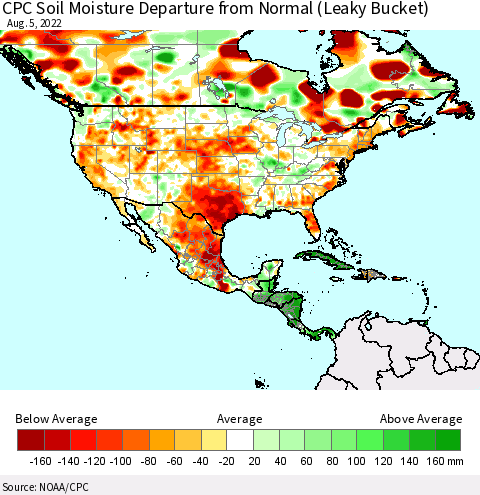 North America CPC Soil Moisture Departure from Normal (Leaky Bucket) Thematic Map For 8/1/2022 - 8/5/2022