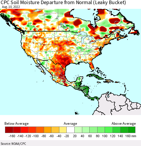 North America CPC Soil Moisture Departure from Normal (Leaky Bucket) Thematic Map For 8/6/2022 - 8/10/2022