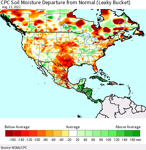 North America CPC Soil Moisture Departure from Normal (Leaky Bucket) Thematic Map For 8/11/2022 - 8/15/2022