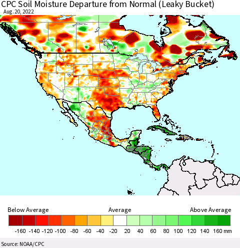 North America CPC Soil Moisture Departure from Normal (Leaky Bucket) Thematic Map For 8/16/2022 - 8/20/2022