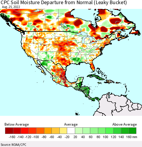 North America CPC Soil Moisture Departure from Normal (Leaky Bucket) Thematic Map For 8/21/2022 - 8/25/2022