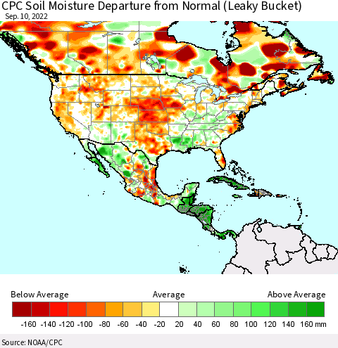 North America CPC Soil Moisture Departure from Normal (Leaky Bucket) Thematic Map For 9/6/2022 - 9/10/2022