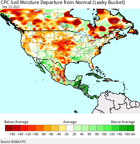 North America CPC Soil Moisture Departure from Normal (Leaky Bucket) Thematic Map For 9/11/2022 - 9/15/2022