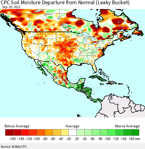 North America CPC Soil Moisture Departure from Normal (Leaky Bucket) Thematic Map For 9/16/2022 - 9/20/2022