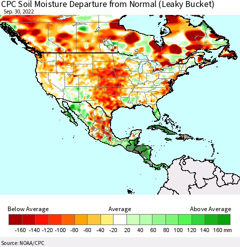 North America CPC Soil Moisture Departure from Normal (Leaky Bucket) Thematic Map For 9/26/2022 - 9/30/2022