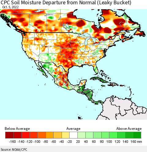North America CPC Soil Moisture Departure from Normal (Leaky Bucket) Thematic Map For 10/1/2022 - 10/5/2022